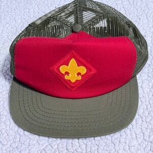 Boy Scouts of America BSA Trucker Hat Red Olive Green Mesh Snapback Fleur-De-Lis
